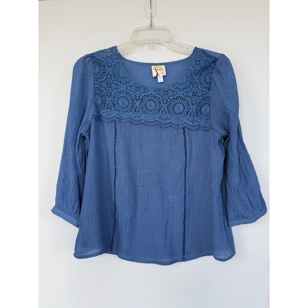 Anthropologie‎ Fig and Flower Crochet Lace Yoke Gauze Blouse Blue Petite Medium